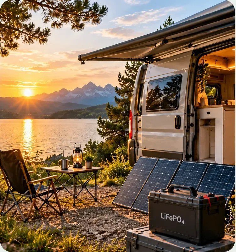 Camper am See mit Solarpanels und LiFePO4-Batterie